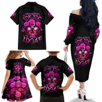 Three Rose Skull Family Matching Off Shoulder Long Sleeve Dress and Hawaiian Shirt Stuck Between Idk Idc And Idgaf - Wonder Print Shop