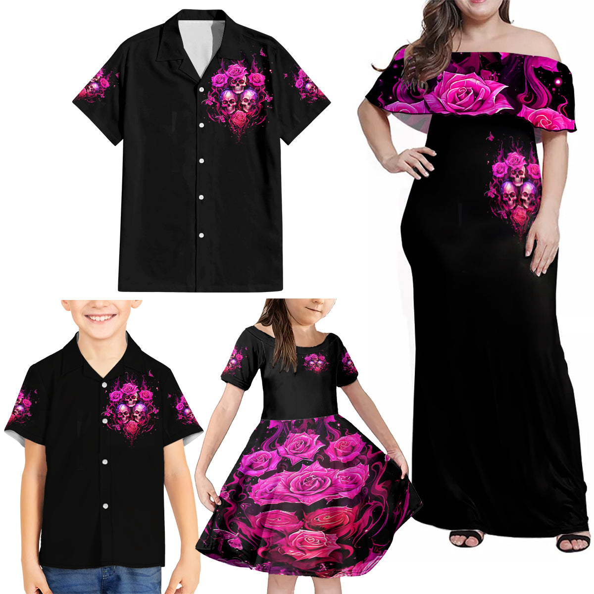 Three Rose Skull Family Matching Off Shoulder Maxi Dress and Hawaiian Shirt Stuck Between Idk Idc And Idgaf - Wonder Print Shop