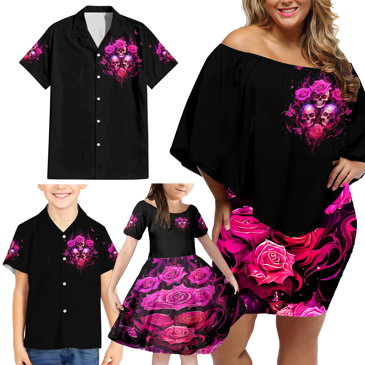 Three Rose Skull Family Matching Off Shoulder Short Dress and Hawaiian Shirt Stuck Between Idk Idc And Idgaf - Wonder Print Shop