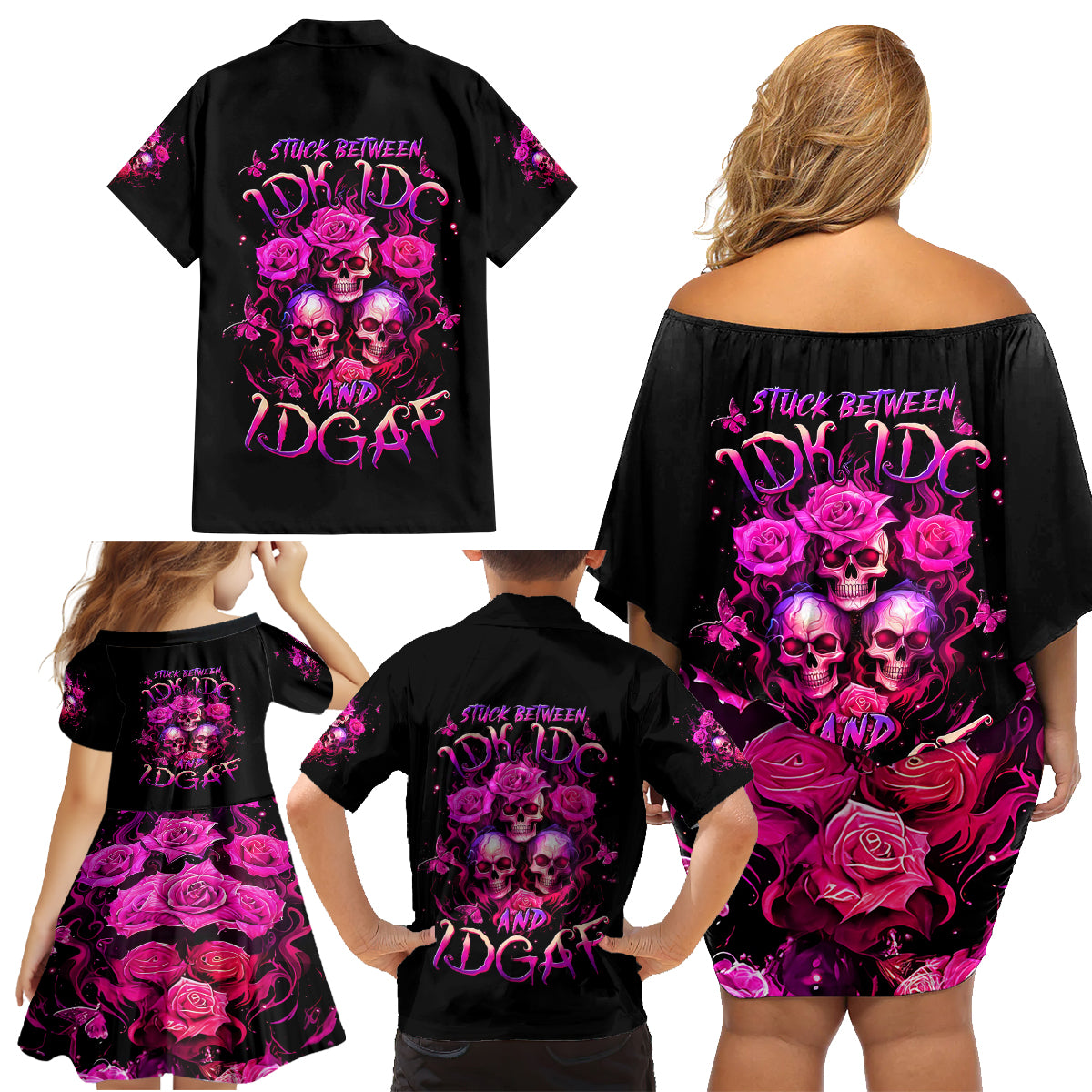 Three Rose Skull Family Matching Off Shoulder Short Dress and Hawaiian Shirt Stuck Between Idk Idc And Idgaf - Wonder Print Shop