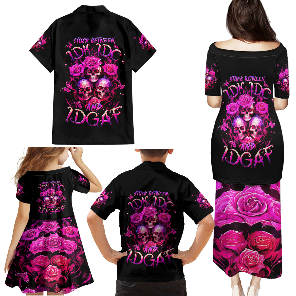 Three Rose Skull Family Matching Puletasi Dress and Hawaiian Shirt Stuck Between Idk Idc And Idgaf - Wonder Print Shop