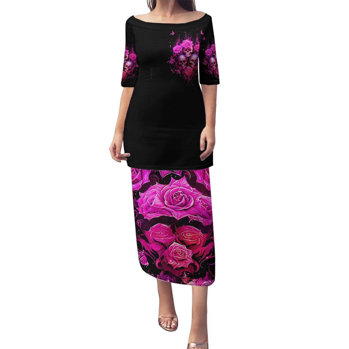 Three Rose Skull Family Matching Puletasi Dress and Hawaiian Shirt Stuck Between Idk Idc And Idgaf - Wonder Print Shop