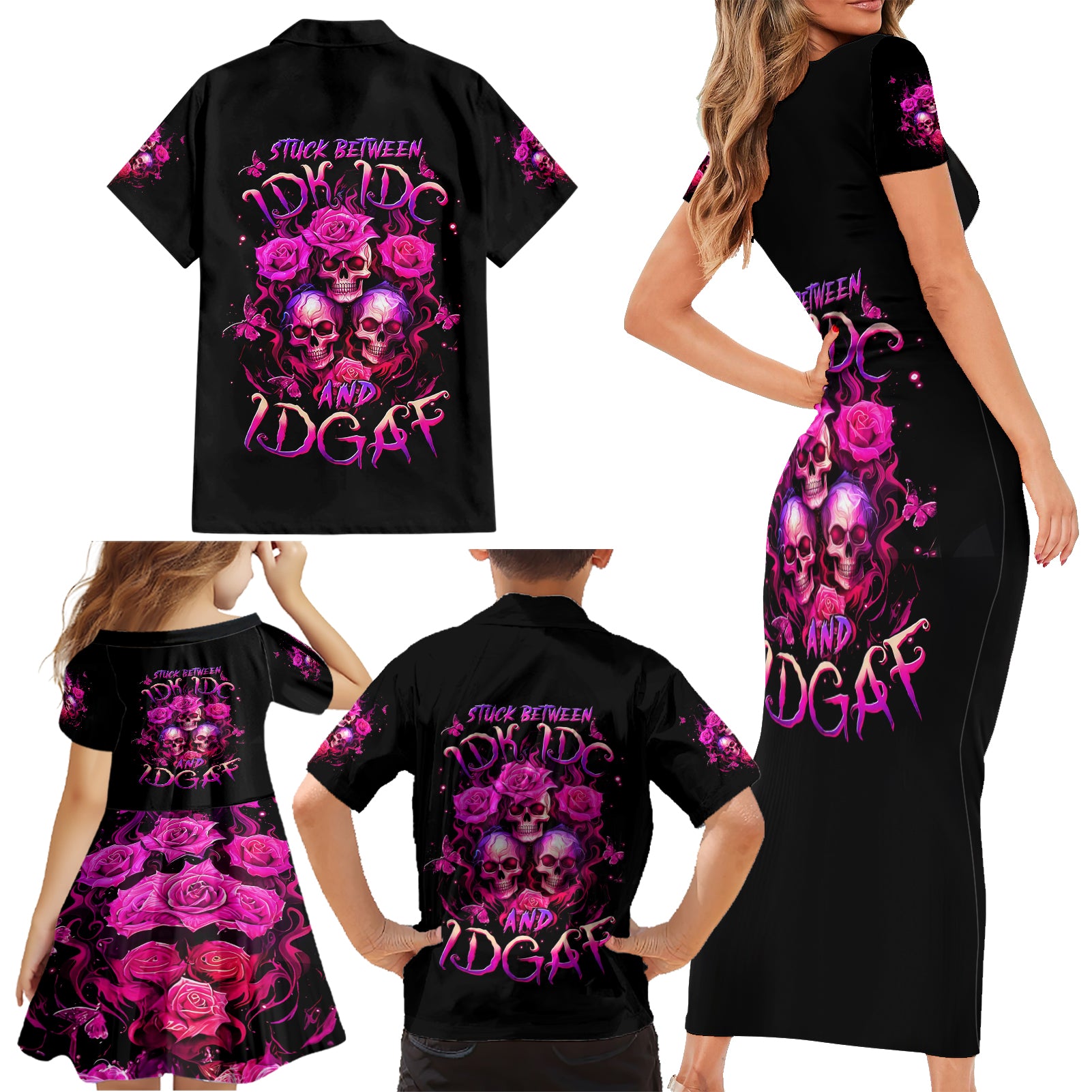Three Rose Skull Family Matching Short Sleeve Bodycon Dress and Hawaiian Shirt Stuck Between Idk Idc And Idgaf - Wonder Print Shop