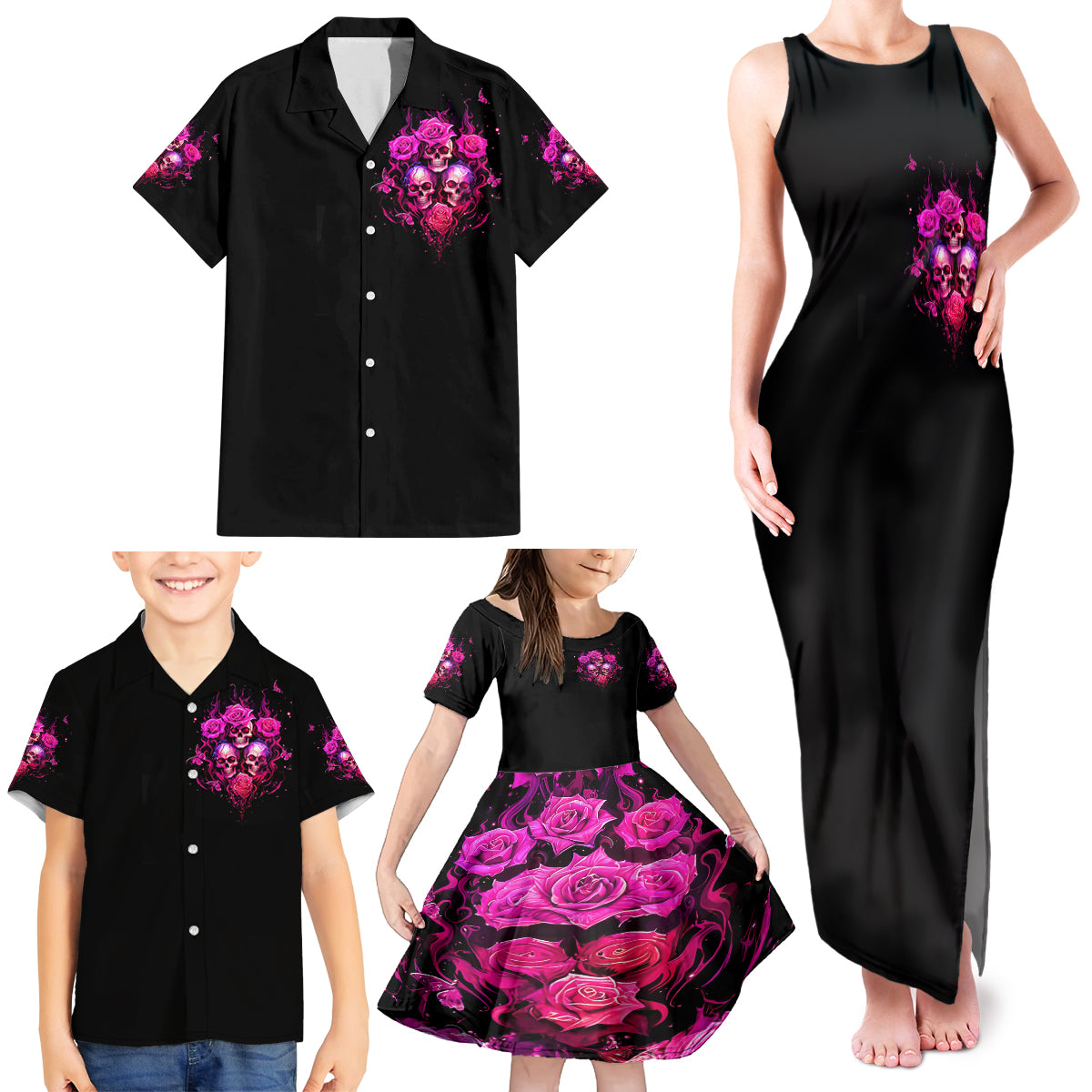 Three Rose Skull Family Matching Tank Maxi Dress and Hawaiian Shirt Stuck Between Idk Idc And Idgaf - Wonder Print Shop