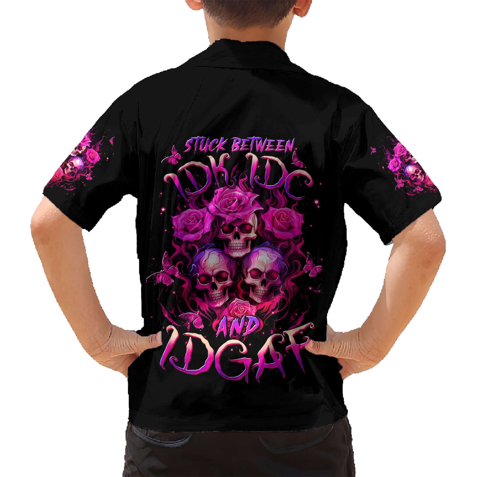 Three Rose Skull Kid Hawaiian Shirt Stuck Between Idk Idc And Idgaf - Wonder Print Shop