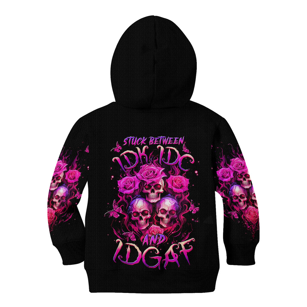 Three Rose Skull Kid Hoodie Stuck Between Idk Idc And Idgaf - Wonder Print Shop