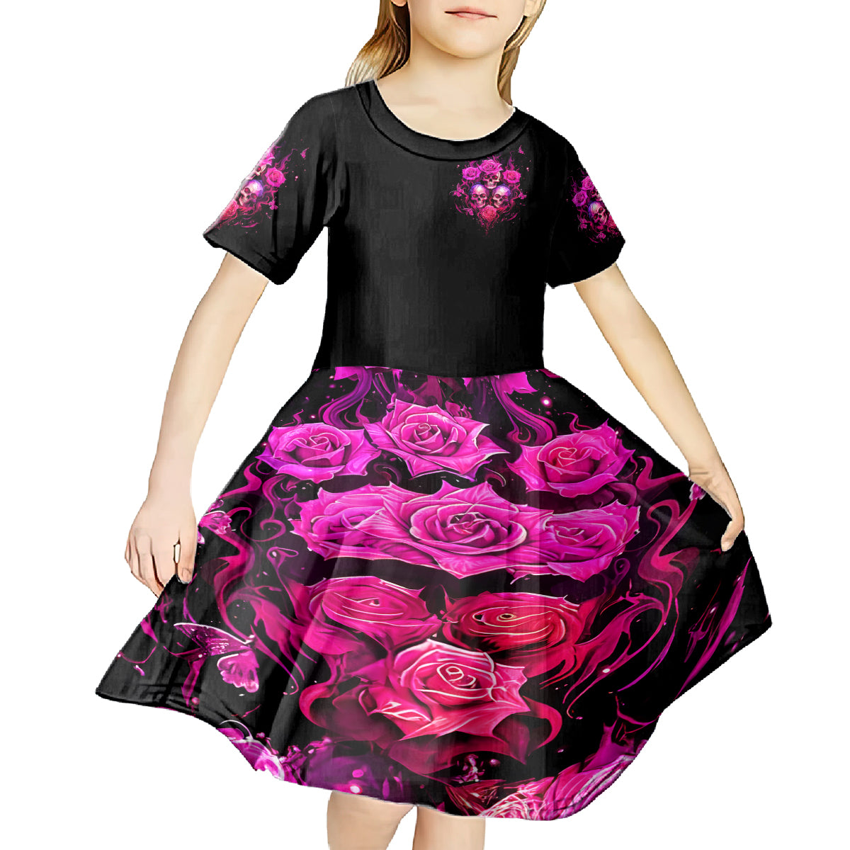 Three Rose Skull Kid Short Sleeve Dress Stuck Between Idk Idc And Idgaf - Wonder Print Shop