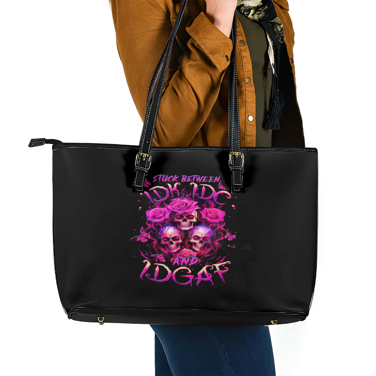 Three Rose Skull Leather Tote Bag Stuck Between Idk Idc And Idgaf - Wonder Print Shop