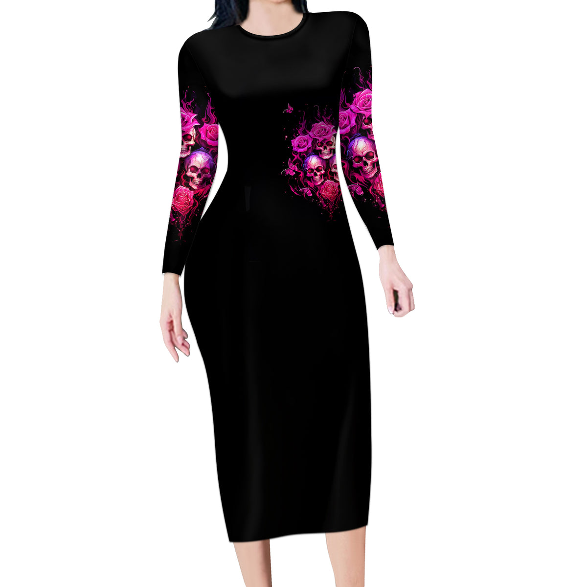 Three Rose Skull Long Sleeve Bodycon Dress Stuck Between Idk Idc And Idgaf - Wonder Print Shop