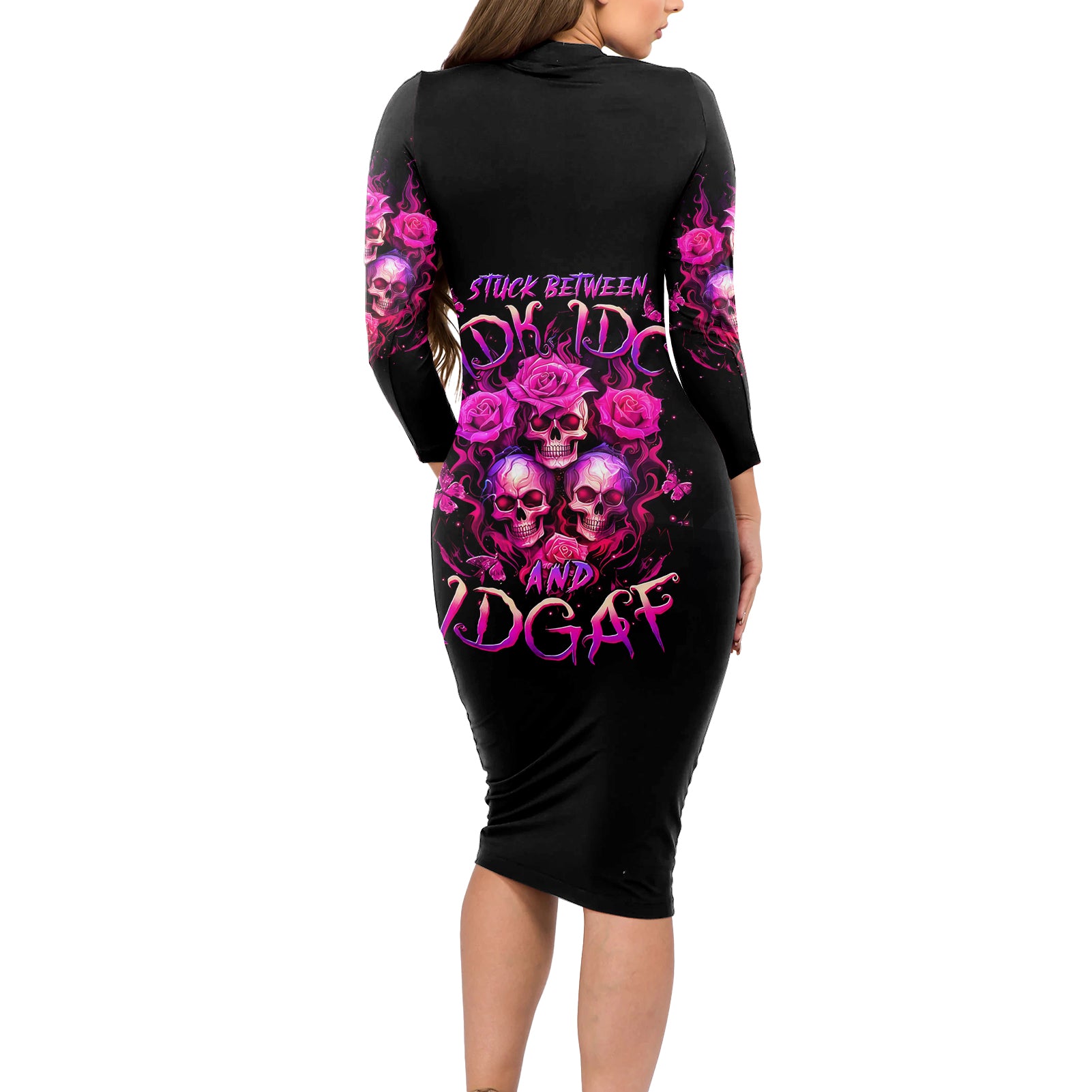 Three Rose Skull Long Sleeve Bodycon Dress Stuck Between Idk Idc And Idgaf - Wonder Print Shop
