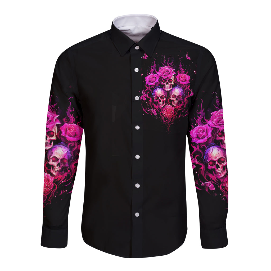 Three Rose Skull Long Sleeve Button Shirt Stuck Between Idk Idc And Idgaf - Wonder Print Shop