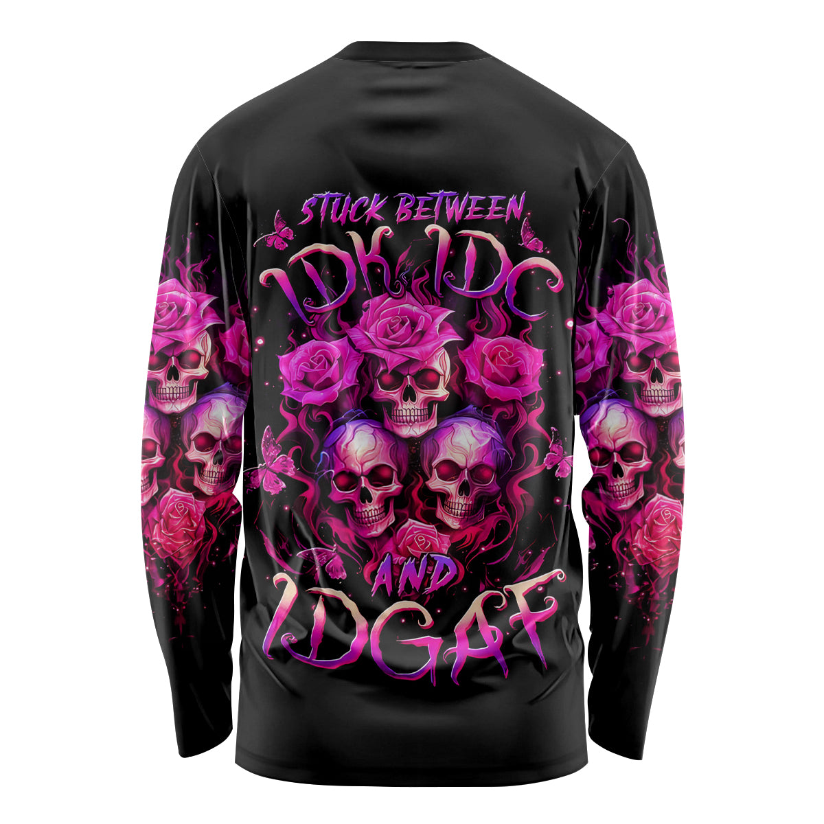 Three Rose Skull Long Sleeve Shirt Stuck Between Idk Idc And Idgaf - Wonder Print Shop
