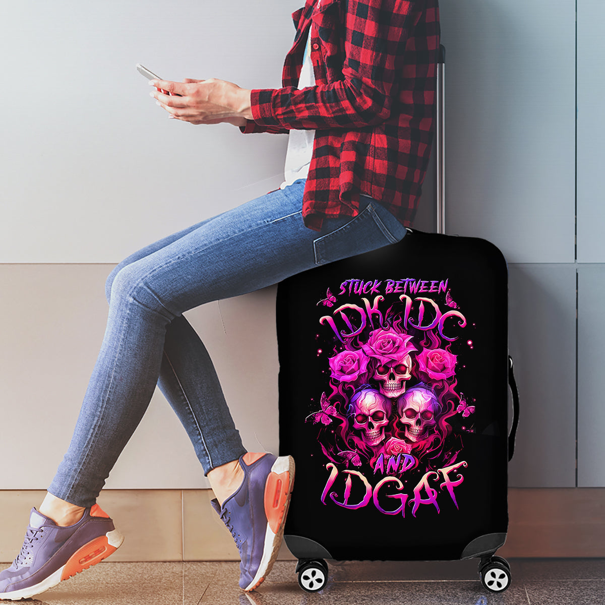Three Rose Skull Luggage Cover Stuck Between Idk Idc And Idgaf - Wonder Print Shop