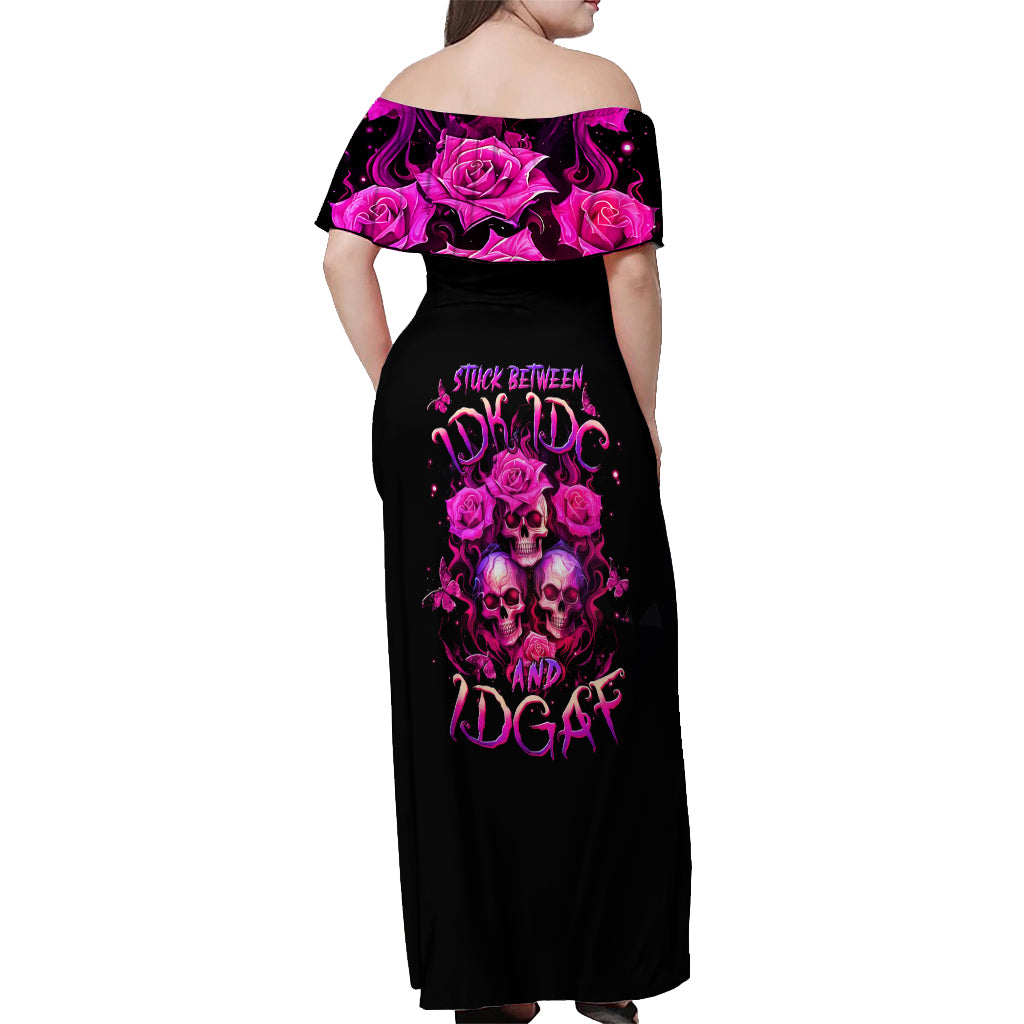 Three Rose Skull Off Shoulder Maxi Dress Stuck Between Idk Idc And Idgaf - Wonder Print Shop