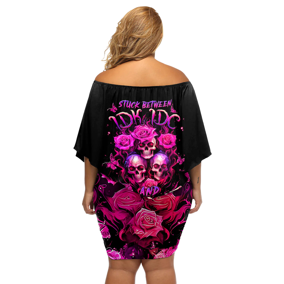 Three Rose Skull Off Shoulder Short Dress Stuck Between Idk Idc And Idgaf - Wonder Print Shop