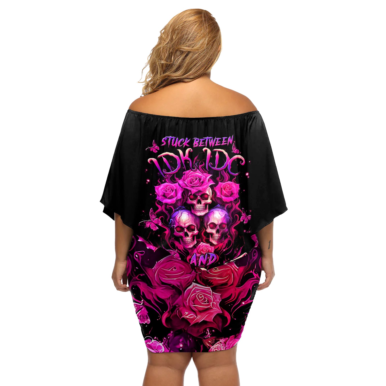 Three Rose Skull Off Shoulder Short Dress Stuck Between Idk Idc And Idgaf - Wonder Print Shop