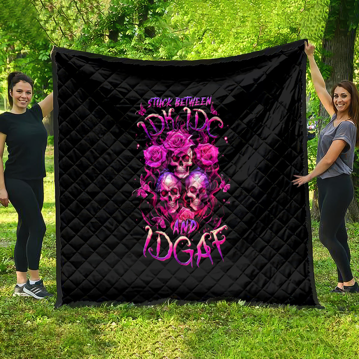 Three Rose Skull Quilt Stuck Between Idk Idc And Idgaf - Wonder Print Shop