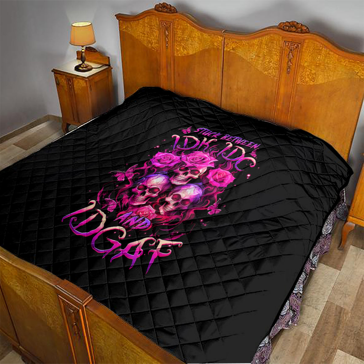 Three Rose Skull Quilt Stuck Between Idk Idc And Idgaf - Wonder Print Shop