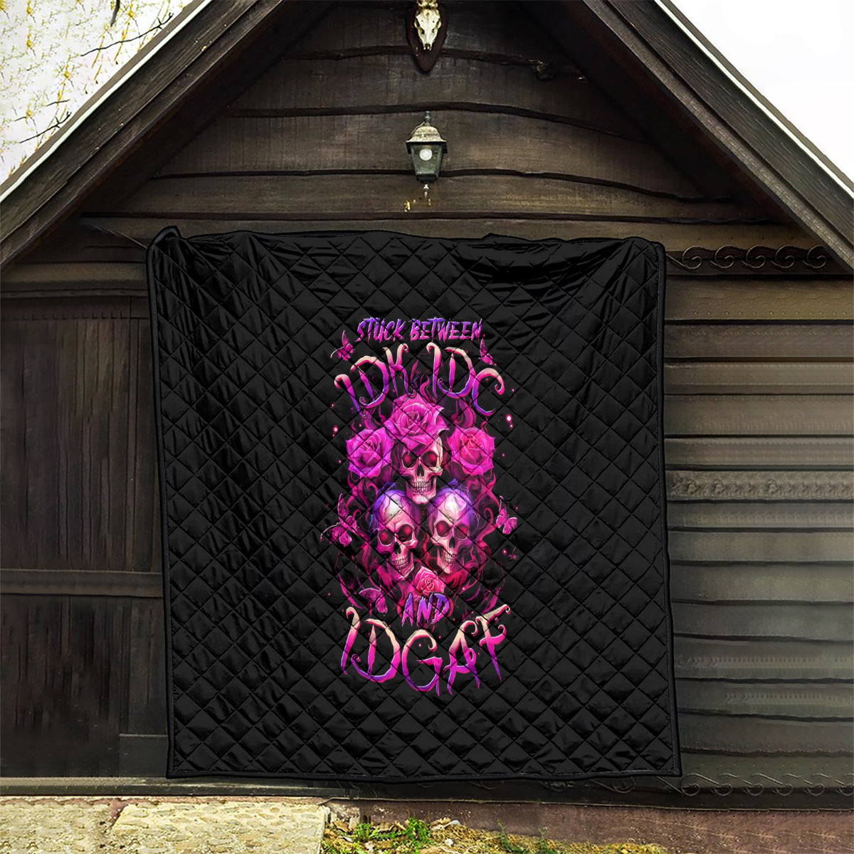 Three Rose Skull Quilt Stuck Between Idk Idc And Idgaf - Wonder Print Shop