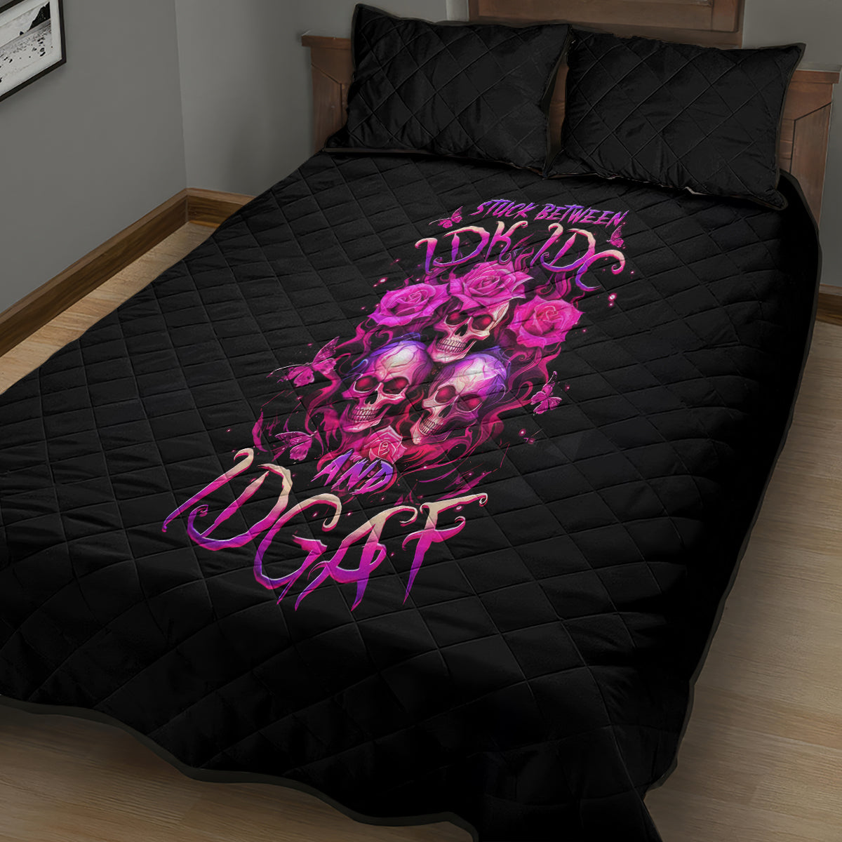 Three Rose Skull Quilt Bed Set Stuck Between Idk Idc And Idgaf - Wonder Print Shop