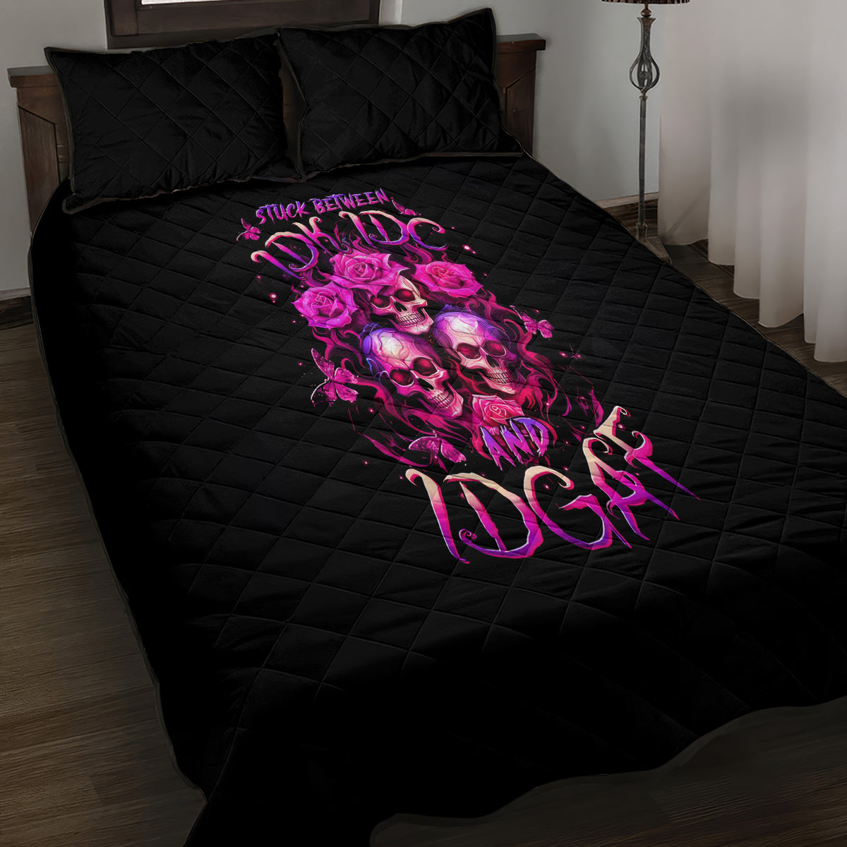 Three Rose Skull Quilt Bed Set Stuck Between Idk Idc And Idgaf - Wonder Print Shop