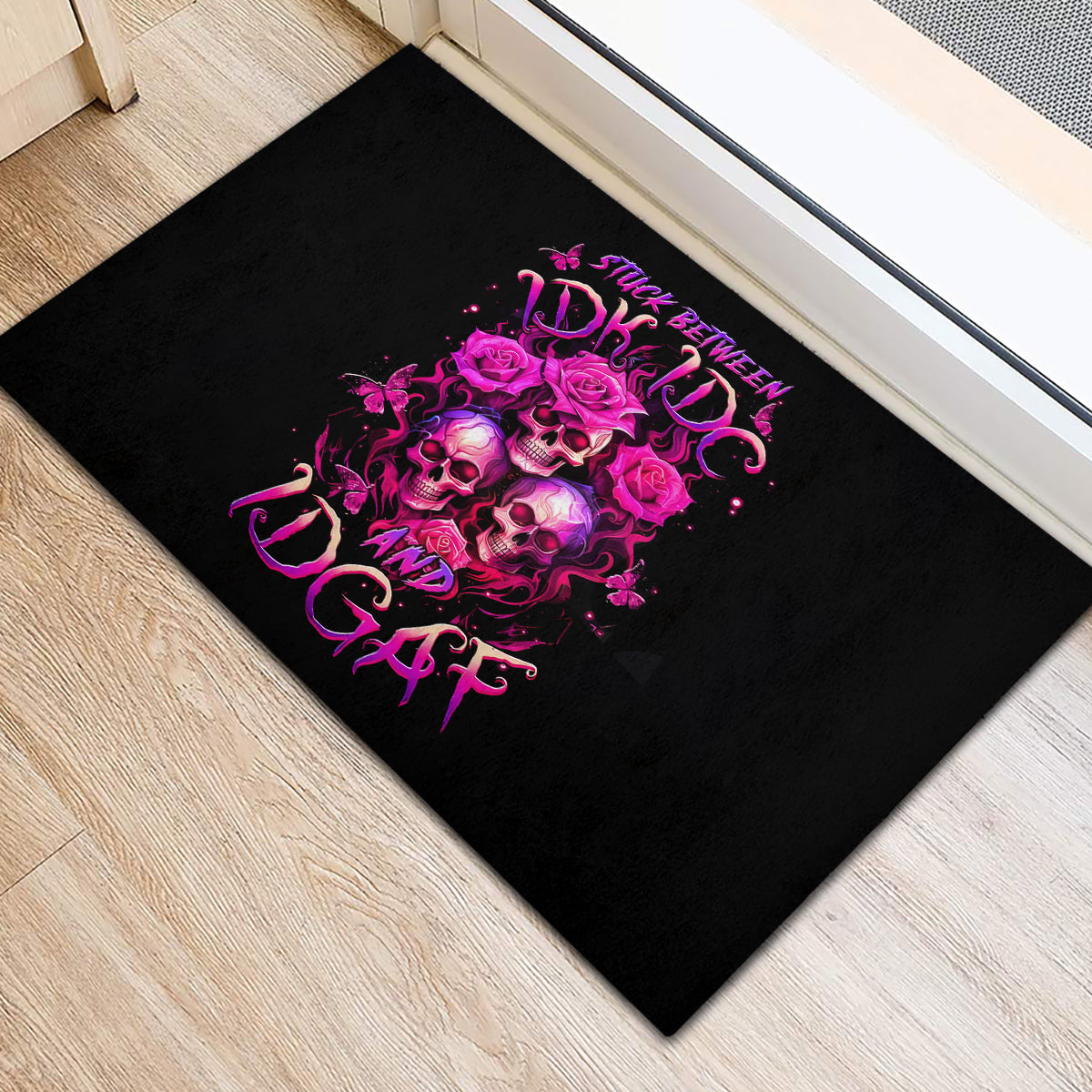 Three Rose Skull Rubber Doormat Stuck Between Idk Idc And Idgaf - Wonder Print Shop