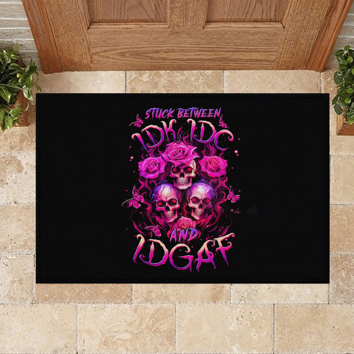 Three Rose Skull Rubber Doormat Stuck Between Idk Idc And Idgaf - Wonder Print Shop