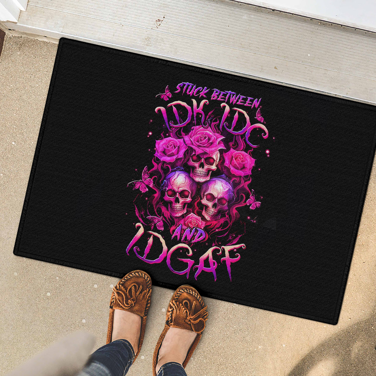 Three Rose Skull Rubber Doormat Stuck Between Idk Idc And Idgaf - Wonder Print Shop