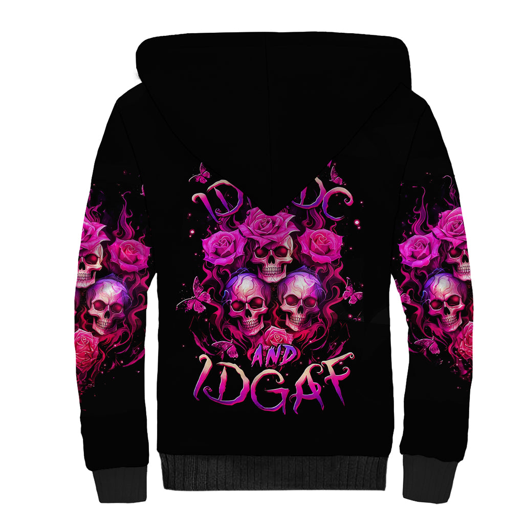 Three Rose Skull Sherpa Hoodie Stuck Between Idk Idc And Idgaf - Wonder Print Shop