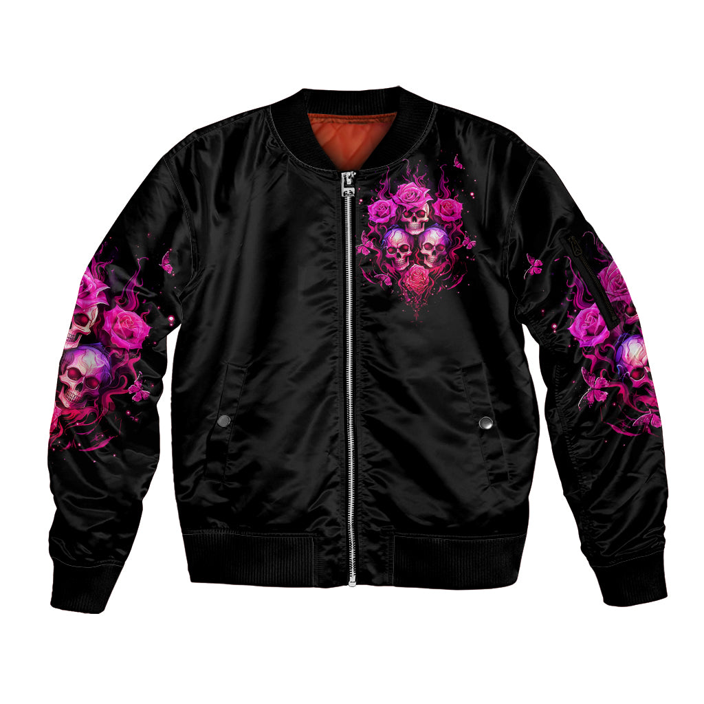 Three Rose Skull Sleeve Zip Bomber Jacket Stuck Between Idk Idc And Idgaf - Wonder Print Shop