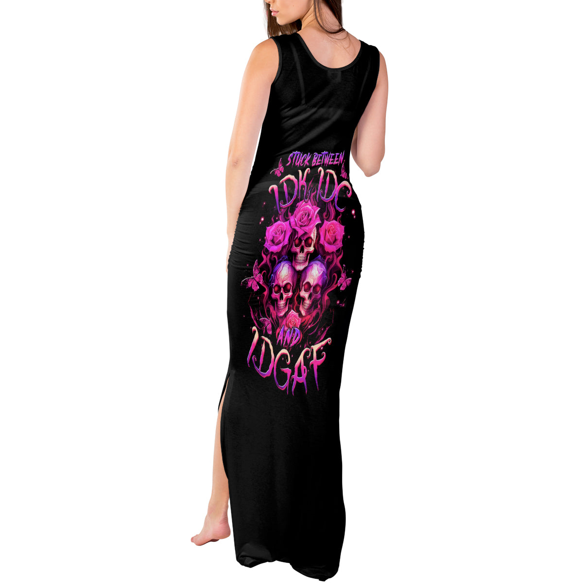 Three Rose Skull Tank Maxi Dress Stuck Between Idk Idc And Idgaf - Wonder Print Shop