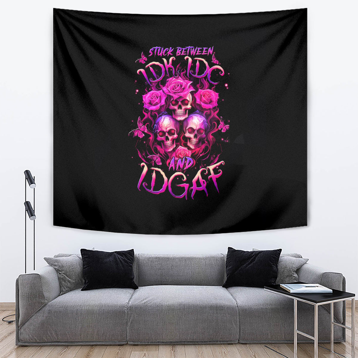Three Rose Skull Tapestry Stuck Between Idk Idc And Idgaf - Wonder Print Shop