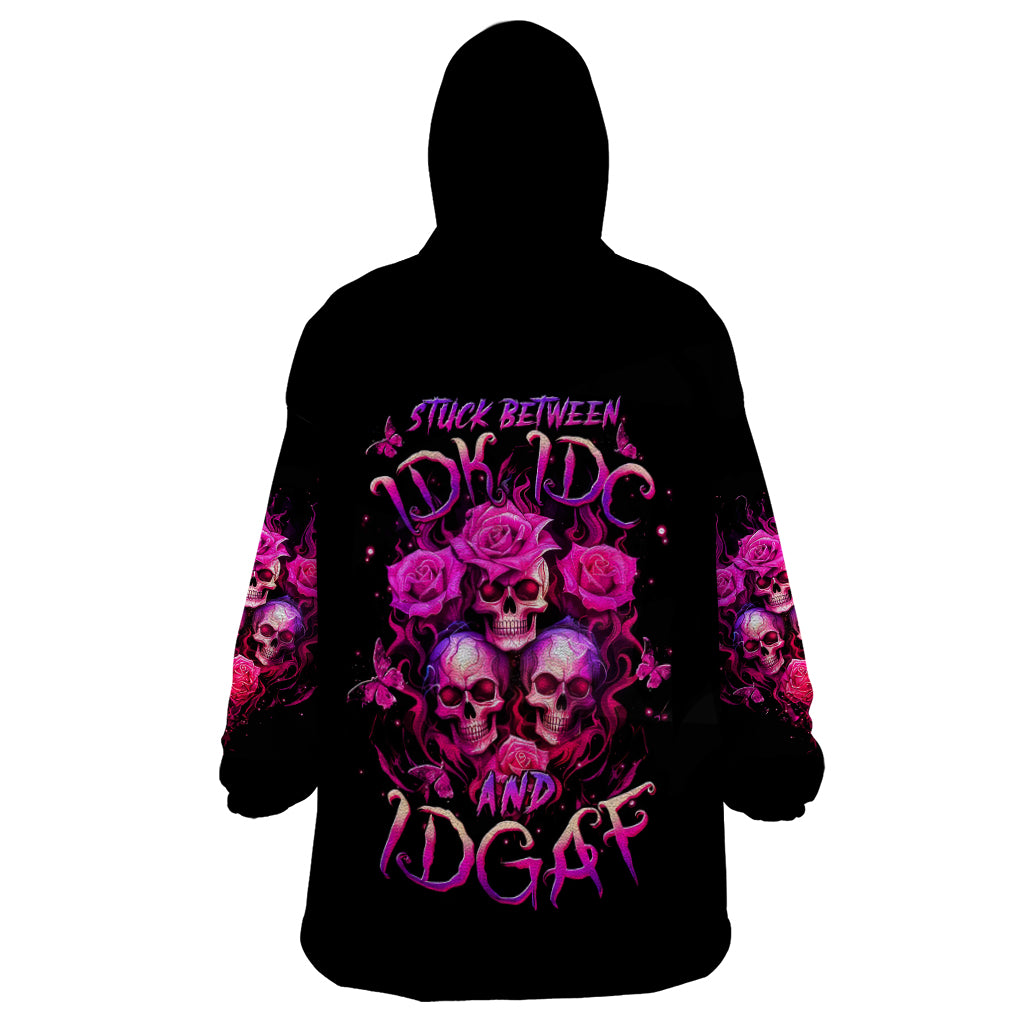 Three Rose Skull Wearable Blanket Hoodie Stuck Between Idk Idc And Idgaf - Wonder Print Shop