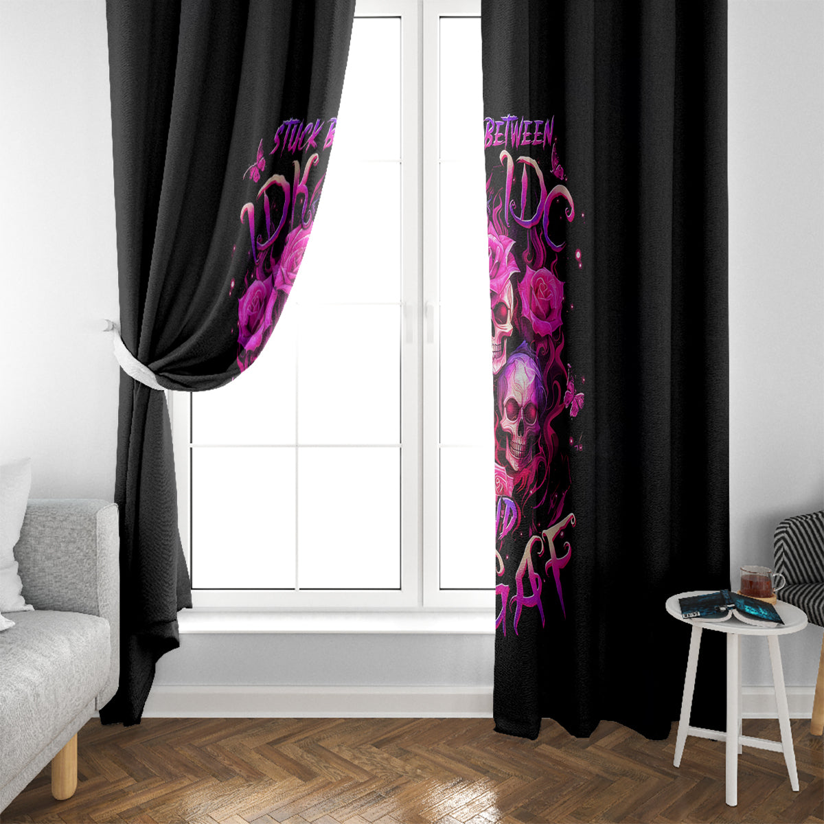 Three Rose Skull Window Curtain Stuck Between Idk Idc And Idgaf - Wonder Print Shop