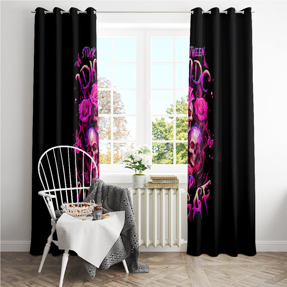 Three Rose Skull Window Curtain Stuck Between Idk Idc And Idgaf - Wonder Print Shop