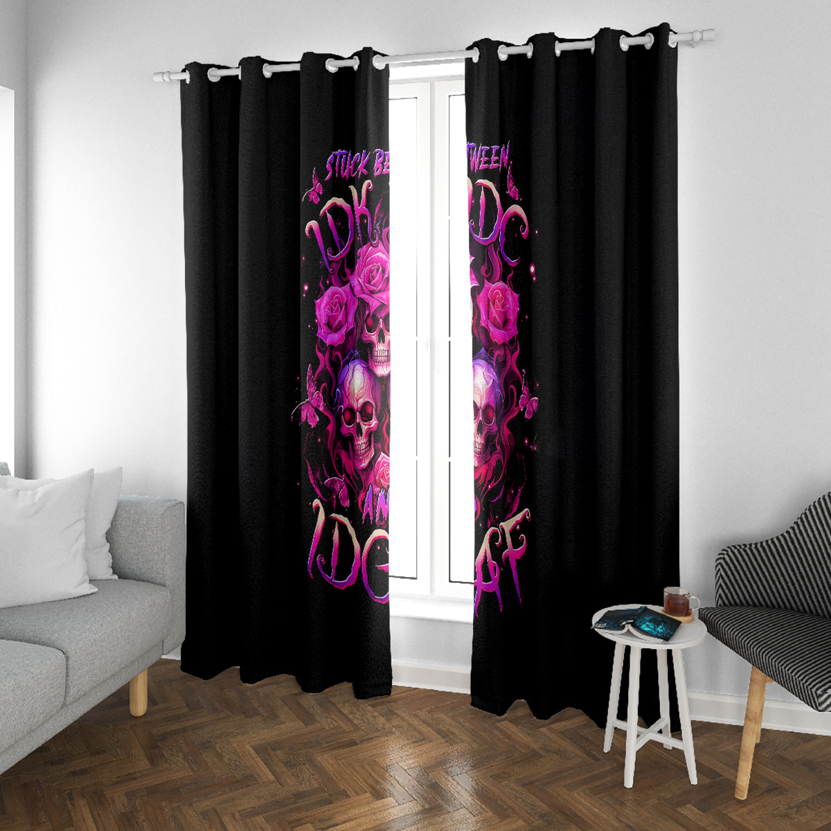 Three Rose Skull Window Curtain Stuck Between Idk Idc And Idgaf - Wonder Print Shop