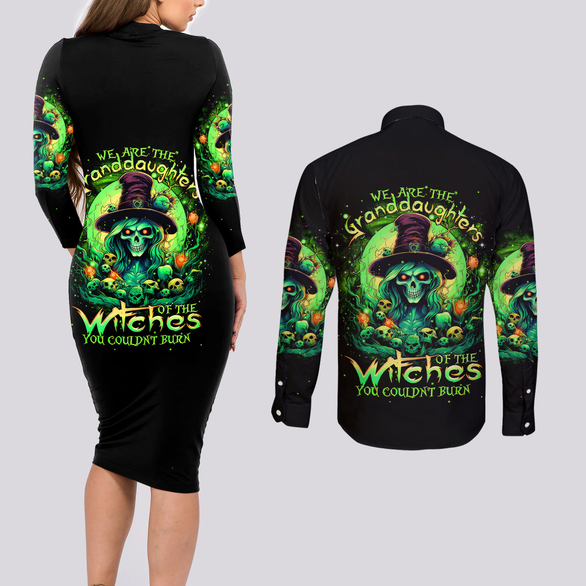 Witch Skull Couples Matching Long Sleeve Bodycon Dress and Long Sleeve Button Shirt We Are The Granddaughters Of The Witches - Wonder Print Shop