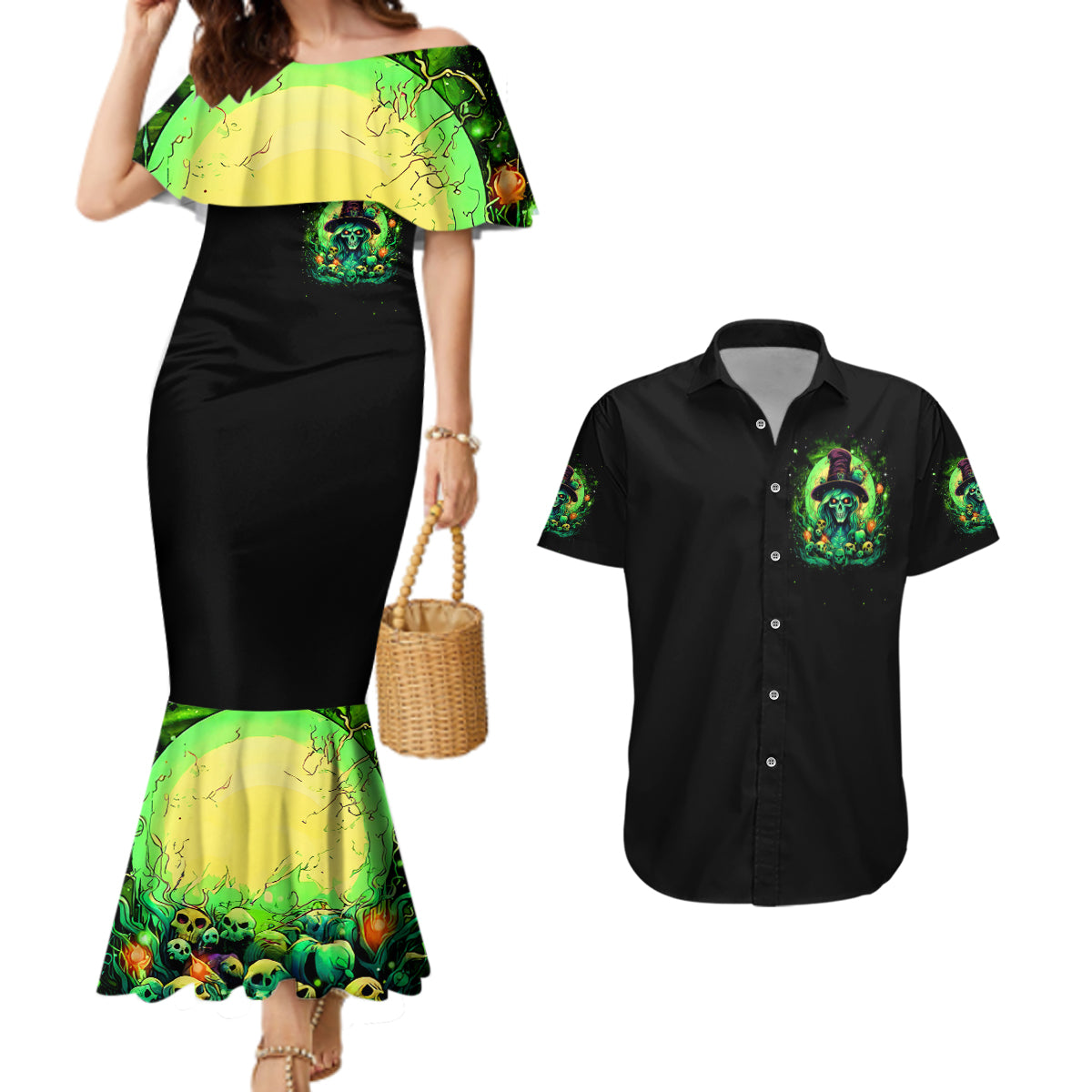 Witch Skull Couples Matching Mermaid Dress and Hawaiian Shirt We Are The Granddaughters Of The Witches - Wonder Print Shop