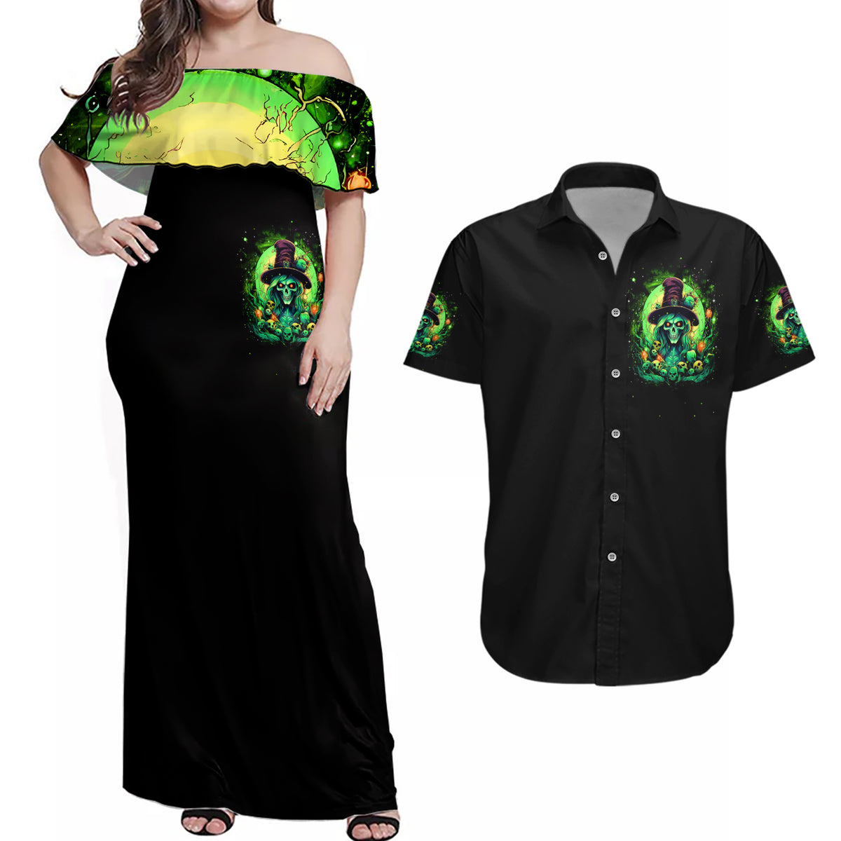 Witch Skull Couples Matching Off Shoulder Maxi Dress and Hawaiian Shirt We Are The Granddaughters Of The Witches - Wonder Print Shop