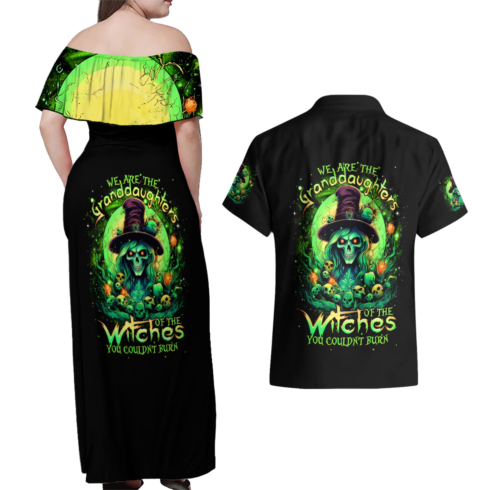 Witch Skull Couples Matching Off Shoulder Maxi Dress and Hawaiian Shirt We Are The Granddaughters Of The Witches - Wonder Print Shop