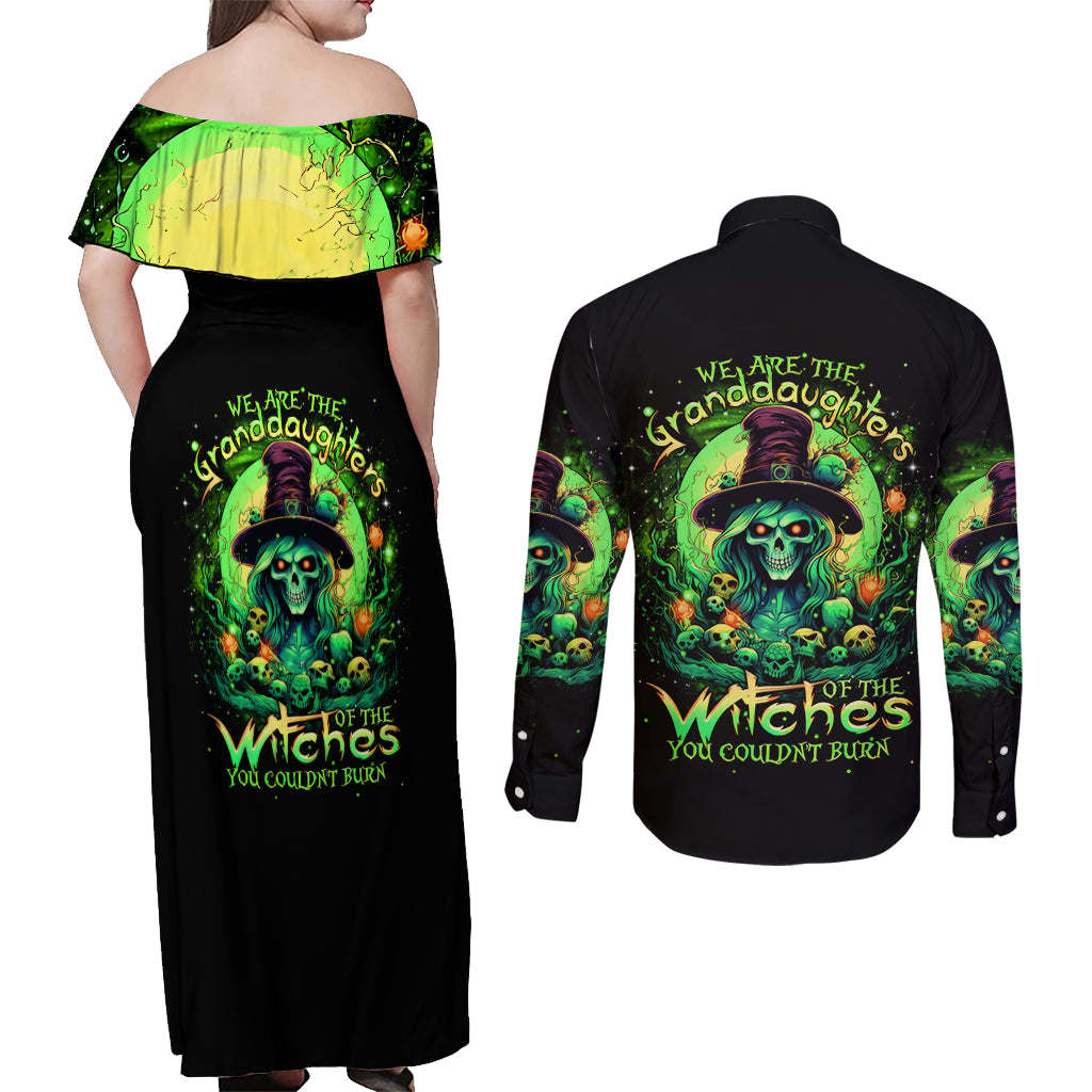 Witch Skull Couples Matching Off Shoulder Maxi Dress and Long Sleeve Button Shirt We Are The Granddaughters Of The Witches - Wonder Print Shop
