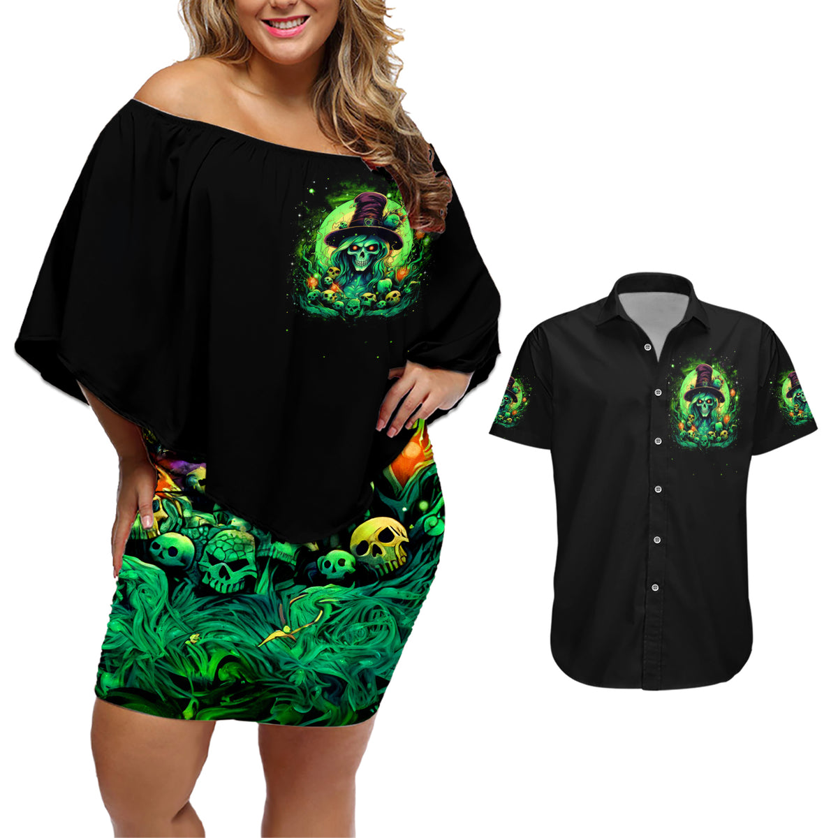 Witch Skull Couples Matching Off Shoulder Short Dress and Hawaiian Shirt We Are The Granddaughters Of The Witches - Wonder Print Shop