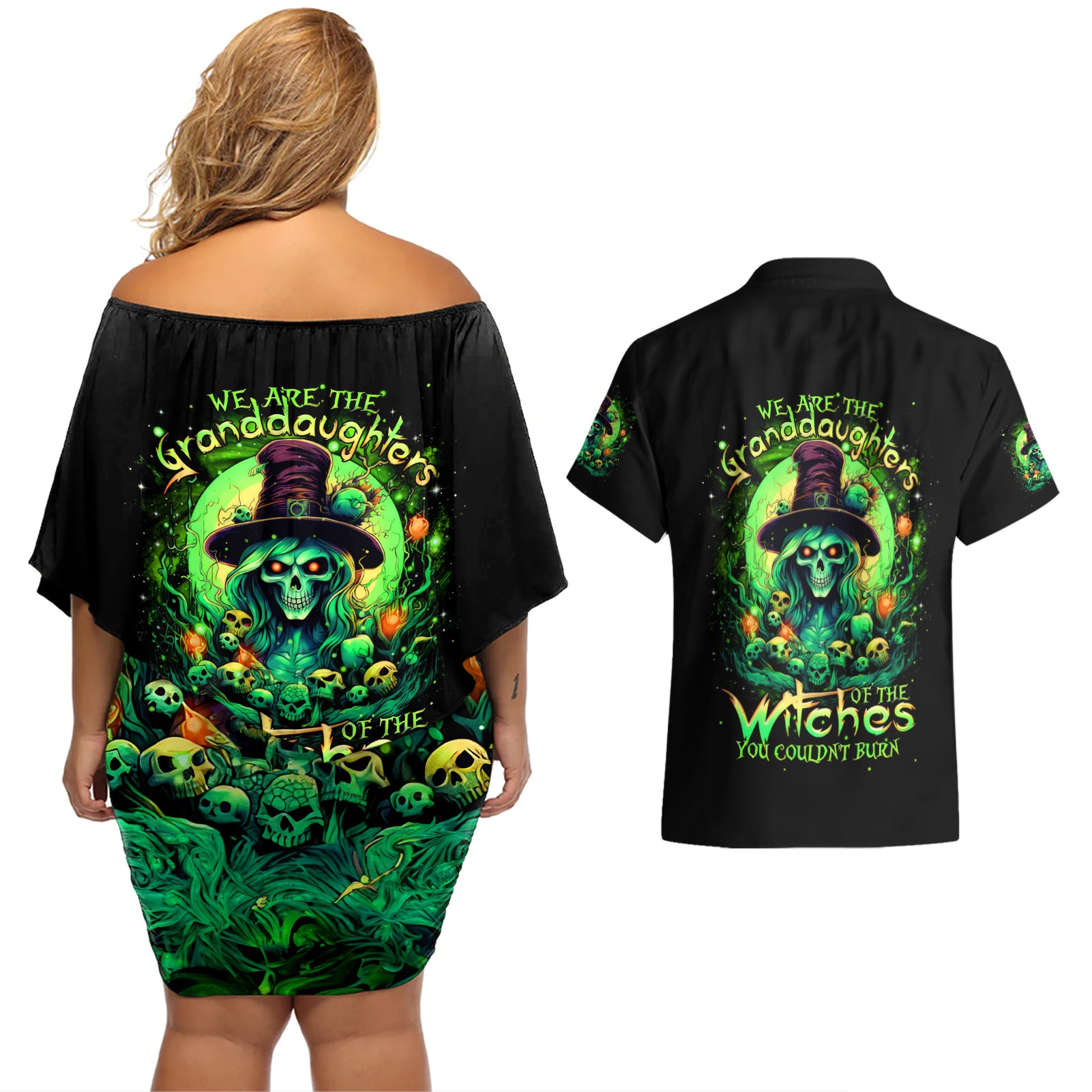 Witch Skull Couples Matching Off Shoulder Short Dress and Hawaiian Shirt We Are The Granddaughters Of The Witches - Wonder Print Shop