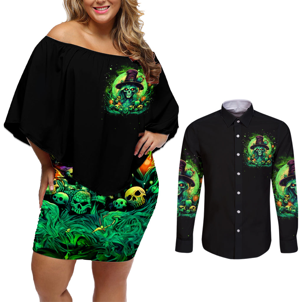 Witch Skull Couples Matching Off Shoulder Short Dress and Long Sleeve Button Shirt We Are The Granddaughters Of The Witches - Wonder Print Shop