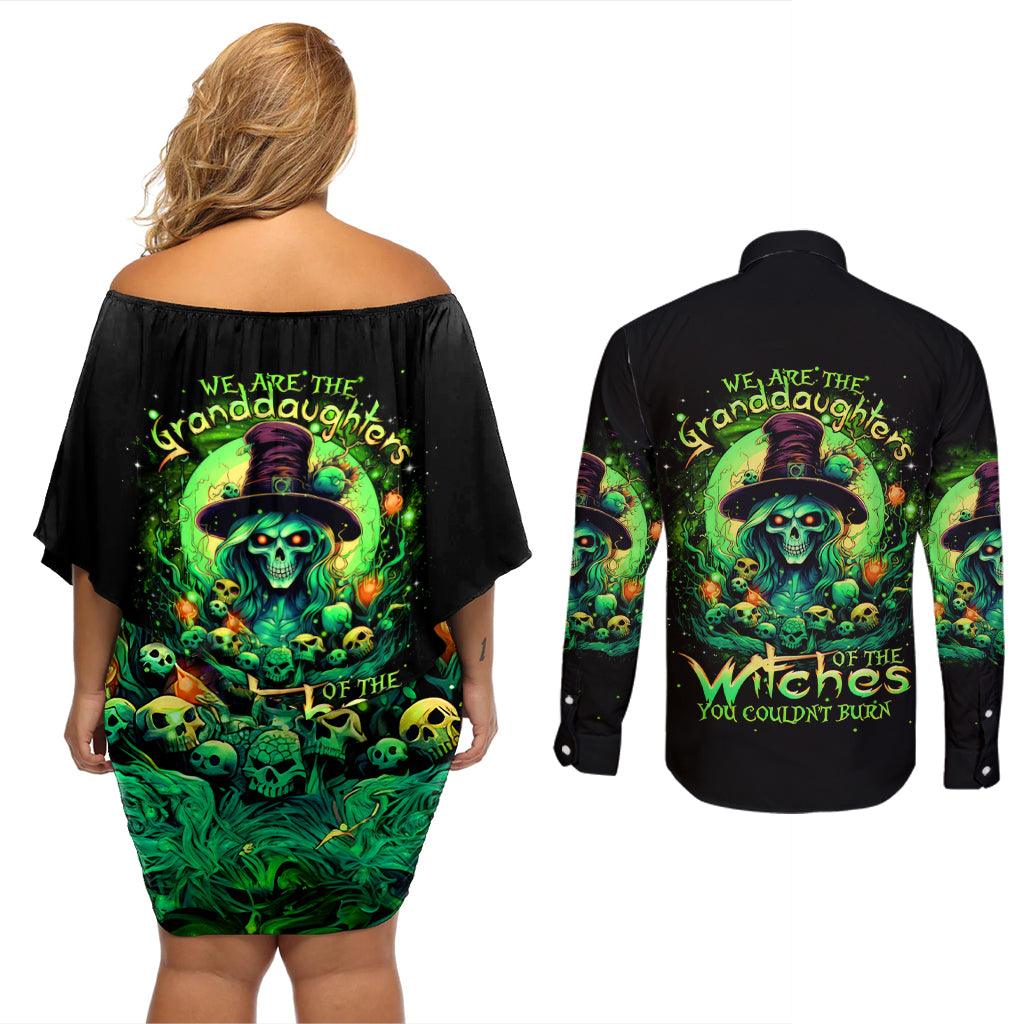 Witch Skull Couples Matching Off Shoulder Short Dress and Long Sleeve Button Shirt We Are The Granddaughters Of The Witches - Wonder Print Shop