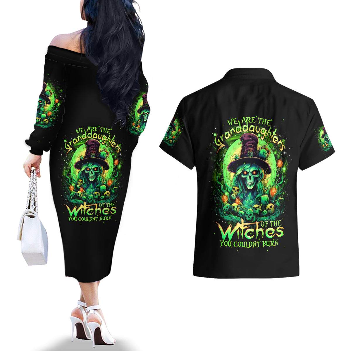 Witch Skull Couples Matching Off The Shoulder Long Sleeve Dress and Hawaiian Shirt We Are The Granddaughters Of The Witches - Wonder Print Shop