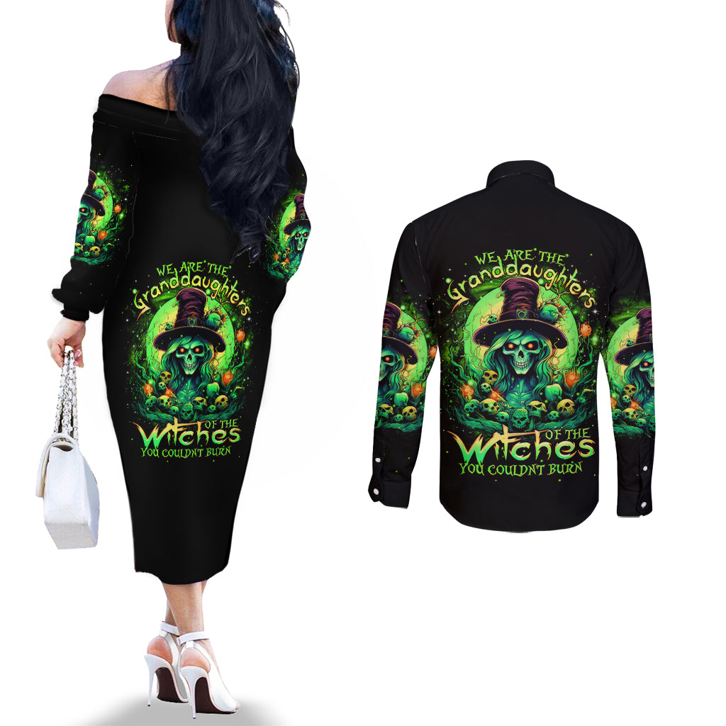 Witch Skull Couples Matching Off The Shoulder Long Sleeve Dress and Long Sleeve Button Shirt We Are The Granddaughters Of The Witches DT01