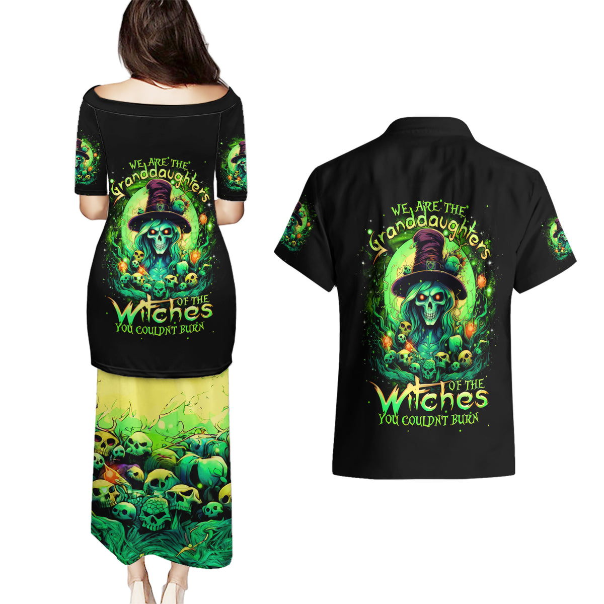 Witch Skull Couples Matching Puletasi Dress and Hawaiian Shirt We Are The Granddaughters Of The Witches - Wonder Print Shop
