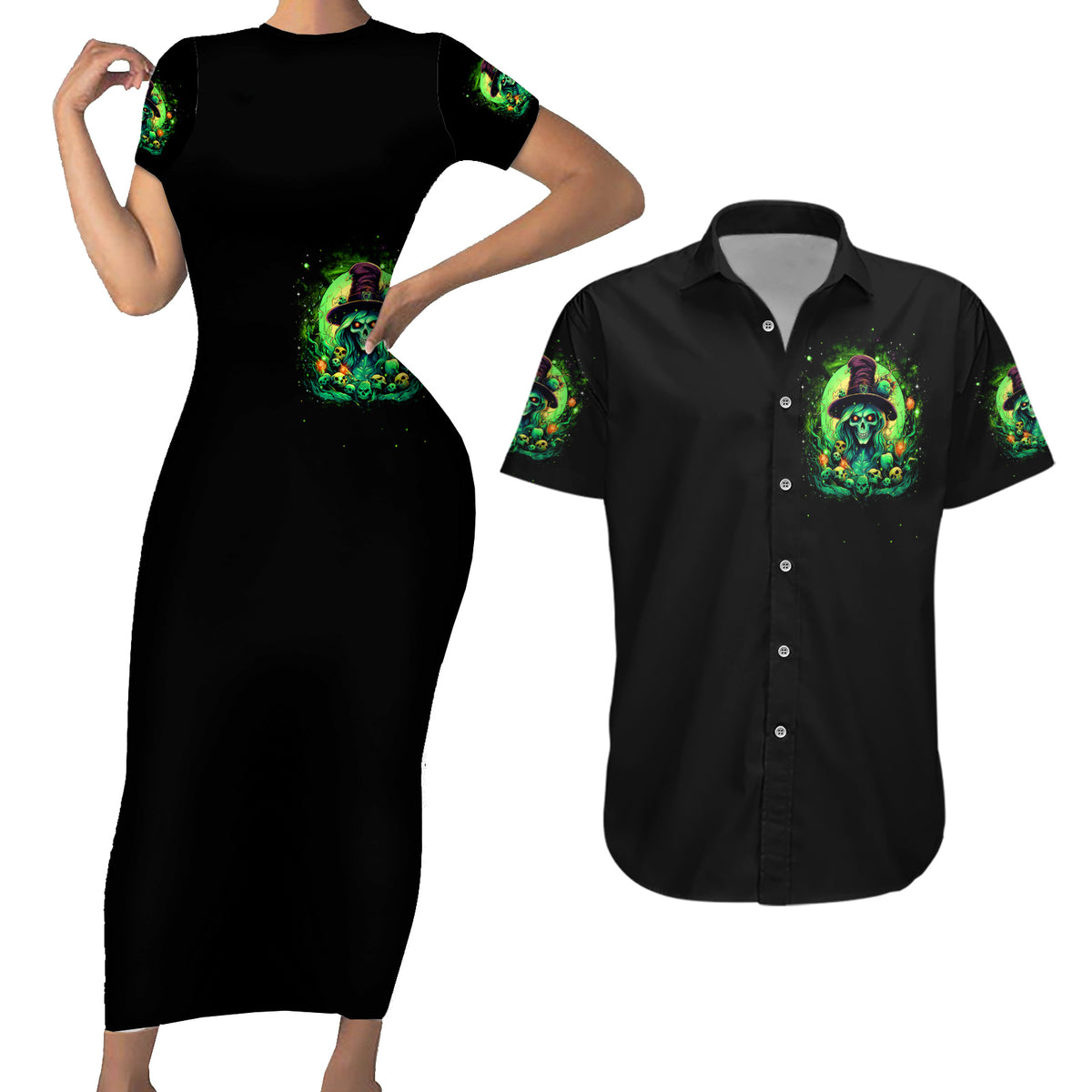 Witch Skull Couples Matching Short Sleeve Bodycon Dress and Hawaiian Shirt We Are The Granddaughters Of The Witches - Wonder Print Shop