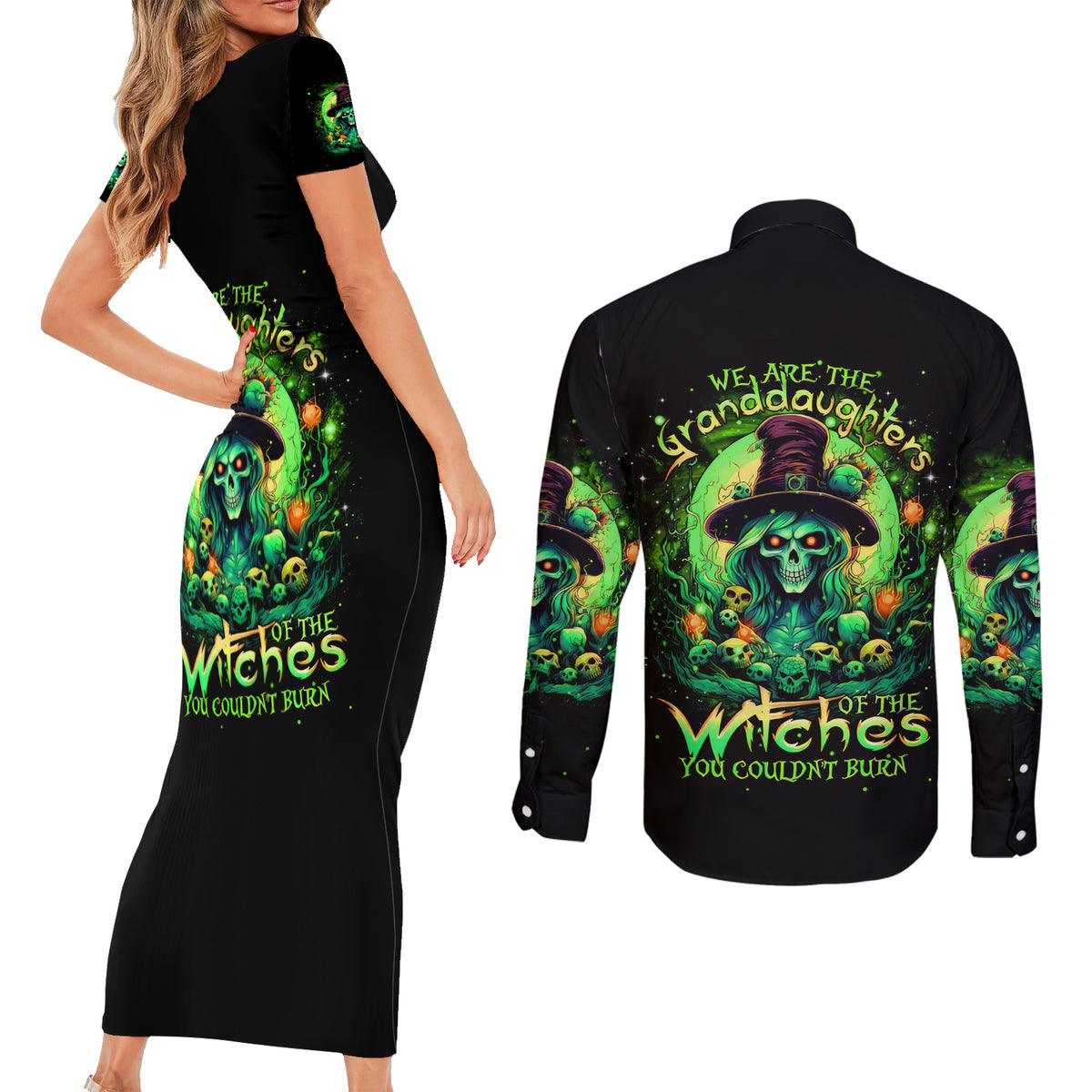 Witch Skull Couples Matching Short Sleeve Bodycon Dress and Long Sleeve Button Shirt We Are The Granddaughters Of The Witches - Wonder Print Shop